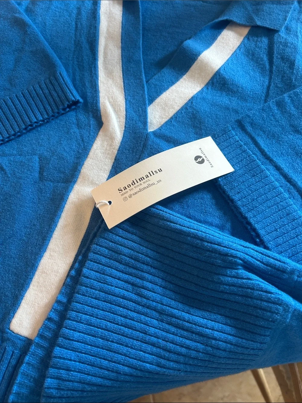 Blue V-Neck Women's Sweater with Contrast Trim